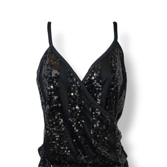 Express Sequined Embellished Striped Surplice Mini Dress in Black Size XS - Picture 3 of 13